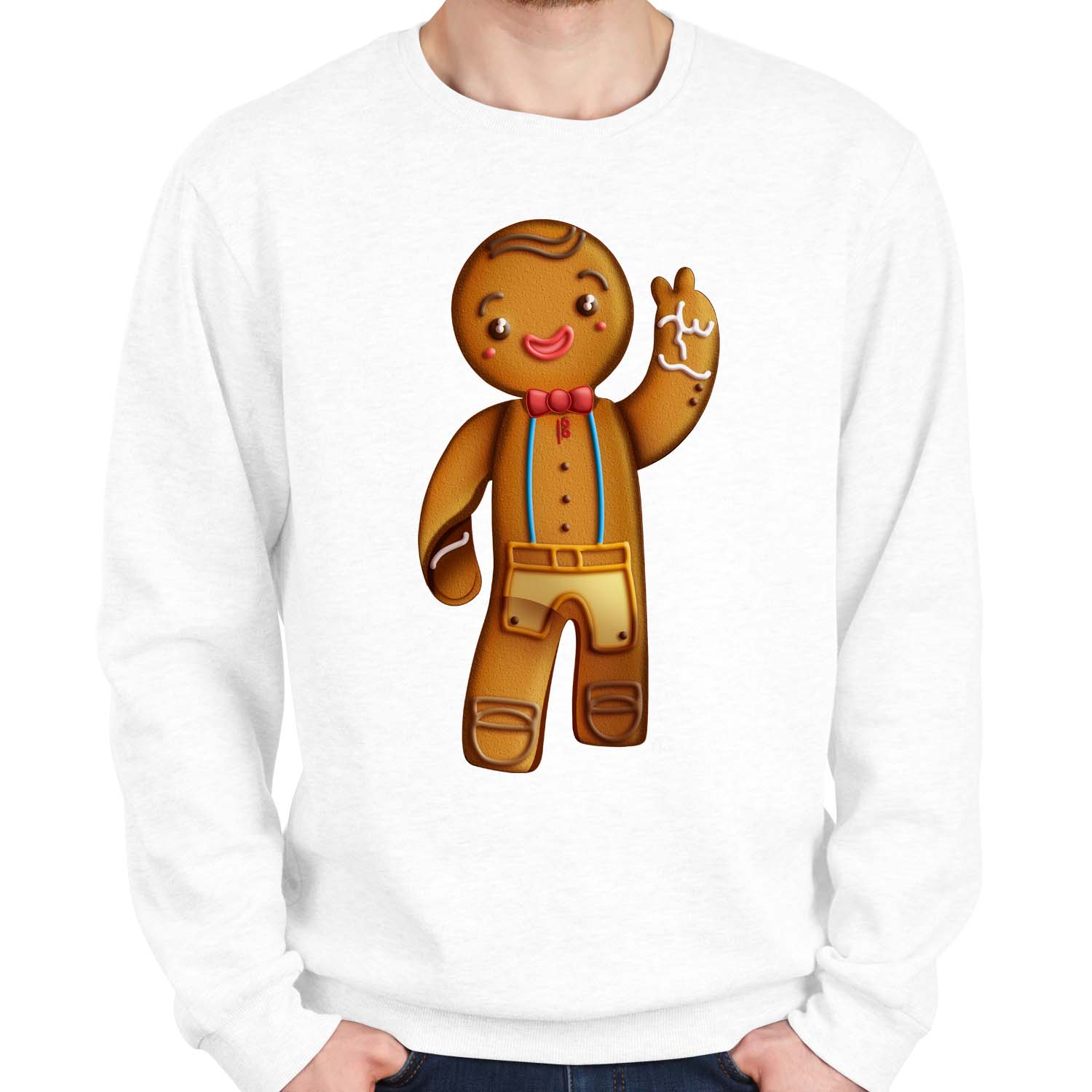 1Tee Mens Happy Gingerbread Man. Waving Christmas Sweatshirt Jumper eBay
